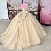 Off-Shoulder Ball Gown 3D Butterfly Lace Appliques & Beaded Champagne Tulle Quinceanera Dress for Sweet 16
